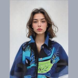 Beverly Hills Purple & Blue Fringe Button Front 90s Nylon Jacket Women Sz M/L